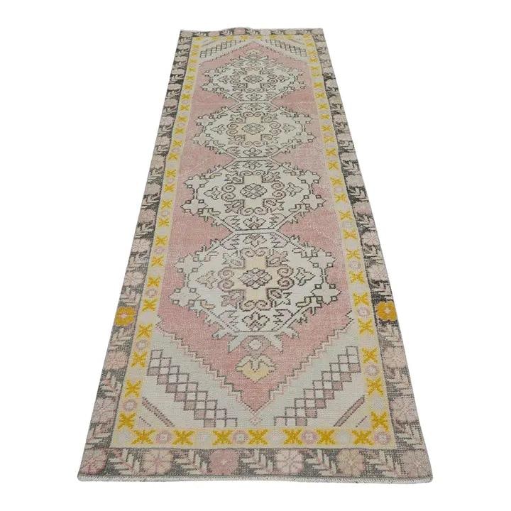 2'9" x 9'5" Hand-Knotted Wool Anatolian Turkish Rug: 2'9" x 9'5" Hand-Knotted Wool Anatolian Turkish Rug This vintage Turkish Anatolian wool rug is hand-knotted using traditional techniques, showcasing timeless craftsmanship with a modern design sensibi