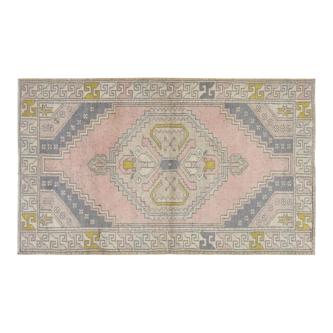 Handmade Anatolian Wool Area Rug in Greige 3'8 x 6'2 Vintage: Handmade Anatolian Wool Area Rug in Greige 3'8 x 6'2 Vintage This vintage Turkish Anatolian rug is hand-knotted from wool using traditional techniques, blending timeless artistry with a modern design 