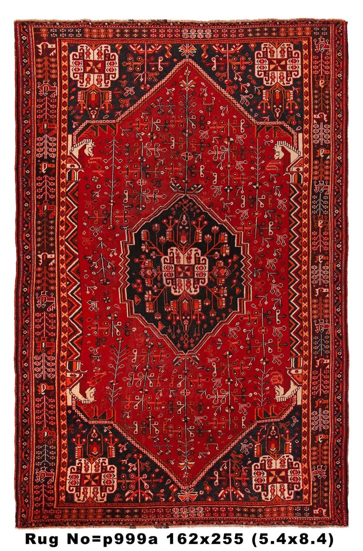 5'4" x 8'4" Persian Shirazi Qashqai Rug Hand-Knotted Wool Horse Head Design: 5'4" x 8'4" Persian Shirazi Qashqai Rug Hand-Knotted Wool Horse Head Design Free continental US Shipping Experience the rich cultural heritage of the Qashqai tribes with this exquisite 5.4' x 8.4' Per