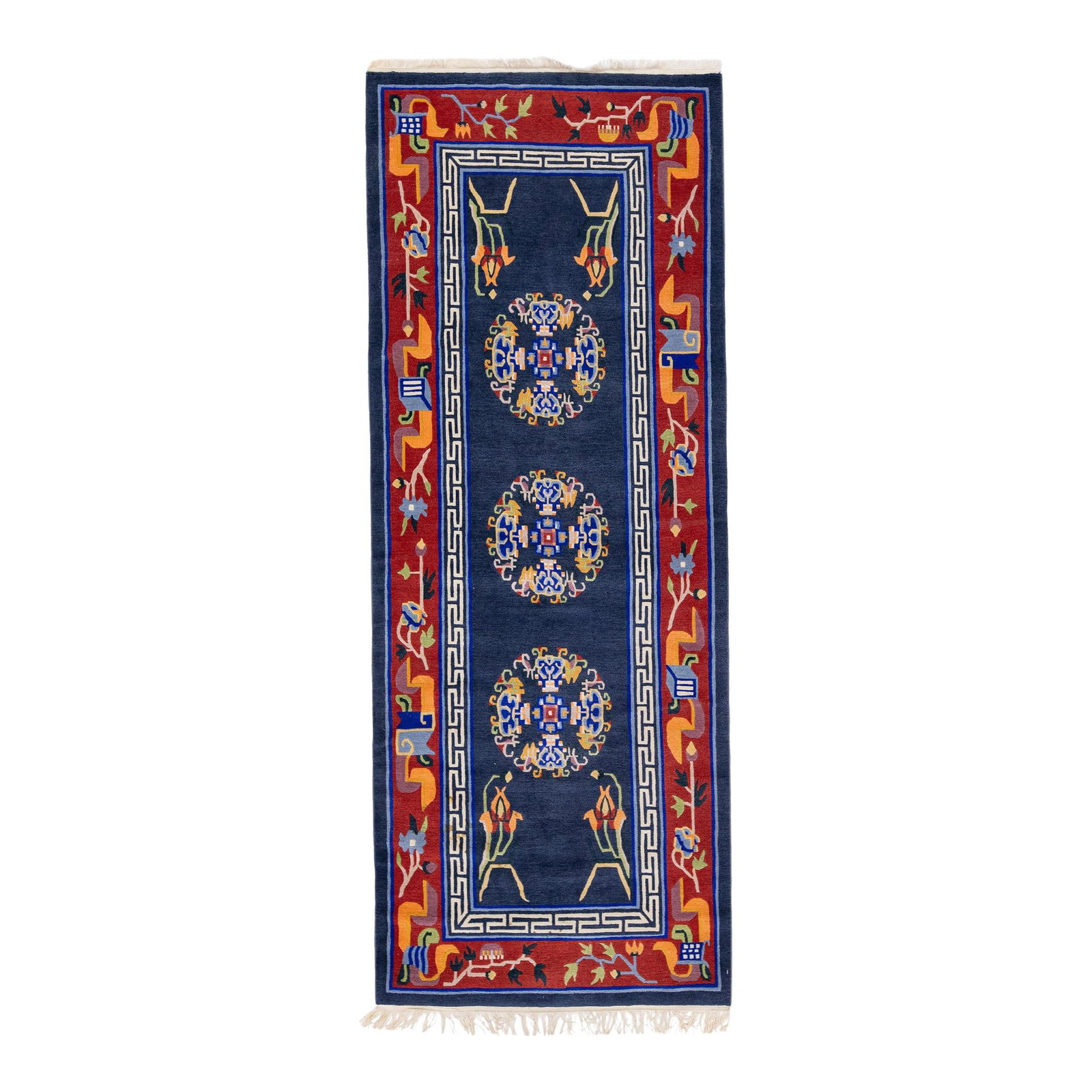 Handmade Vintage Art Deco Chinese Wool Rug 3'1 x 8 Medallion Design: Handmade Vintage Art Deco Chinese Wool Rug 3'1 x 8 Medallion Design This exquisite Vintage Art Deco handmade Chinese wool rug features a stunning medallion motif set against a rich navy blue field. Th
