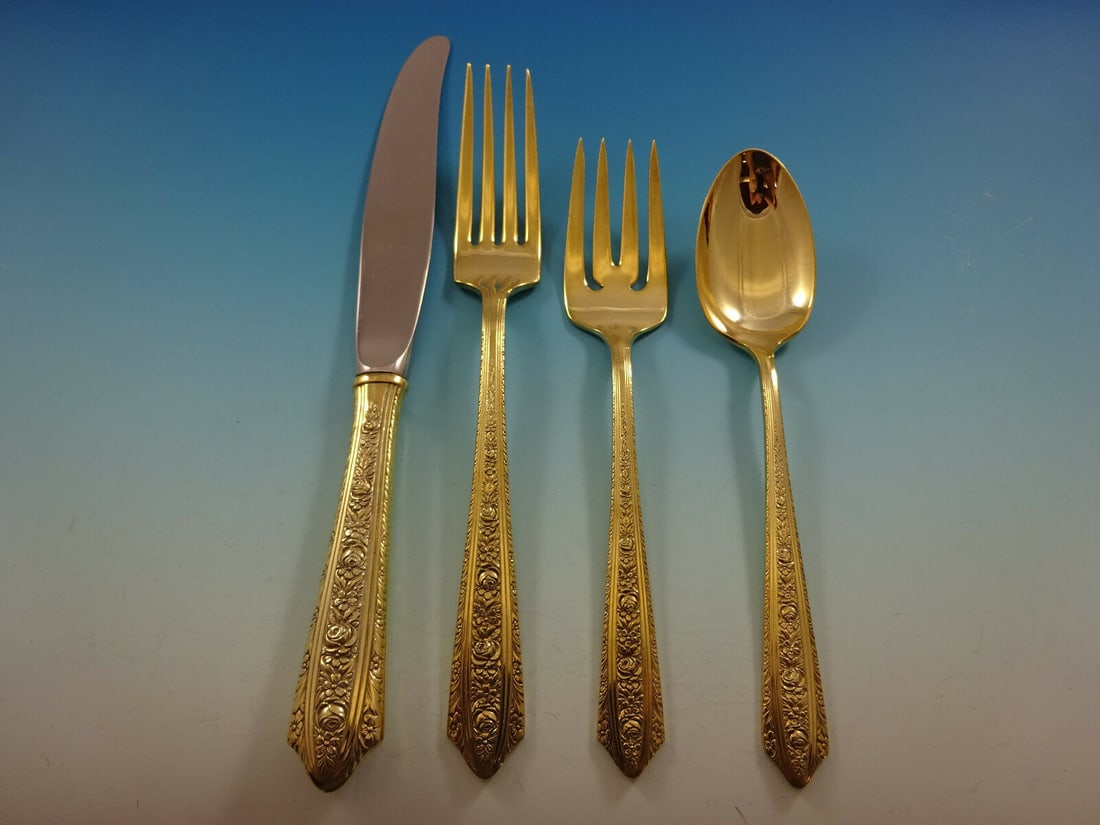 Wallace Normandie Vermeil 4pc Sterling Silver Place Setting: Wallace Normandie Vermeil 4pc Sterling Silver Place Setting Enhance your dining experience with this exquisite 4-piece place setting in the Normandie Vermeil pattern by Wallace. Crafted from sterling 
