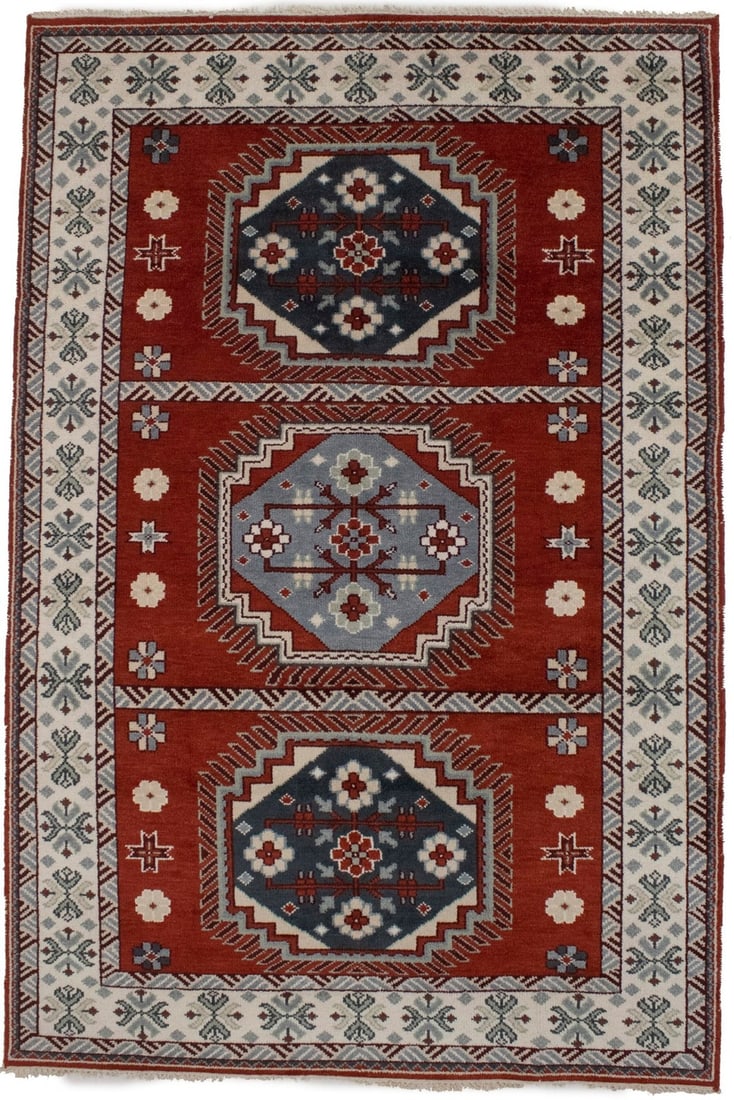 Handmade Kazak Oriental Rug 5'11 x 8'10 Vintage Geometric Tribal Wool: Handmade Kazak Oriental Rug 5'11 x 8'10 Vintage Geometric Tribal Wool This exquisite Handmade Kazak Oriental Rug features a vintage style with a striking geometric tribal design. Crafted in India, thi