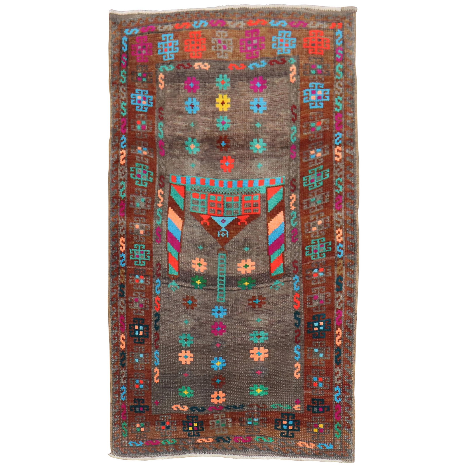 Anatolian Hand-Knotted Wool and Cotton Futurist Turkish Mat Rug 26 x 47 Inch: Anatolian Hand-Knotted Wool and Cotton Futurist Turkish Mat Rug 26 x 47 Inch This vintage Anatolian Turkish mat rug from the 20th century features a hand-knotted wool construction with cotton accents.