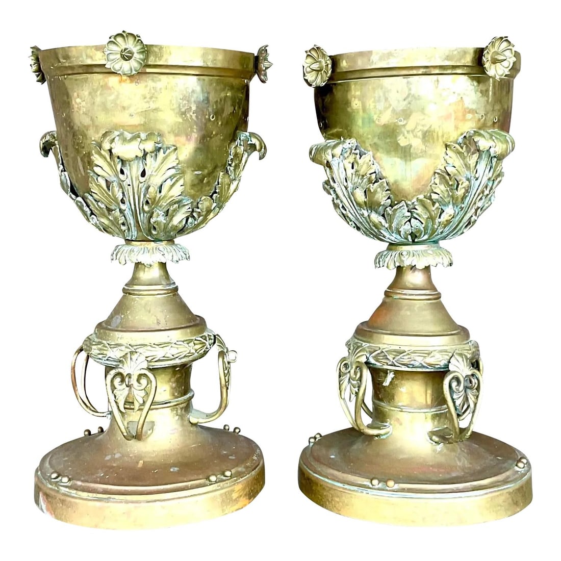 Pair of Late 19th Century Neo Classical Brass Urns: Pair of Late 19th Century Neo Classical Brass Urns Enhance your decor with this exquisite pair of Late 19th Century Vintage Neo Classical Brass Footed Urns. Expertly crafted in an American style, thes