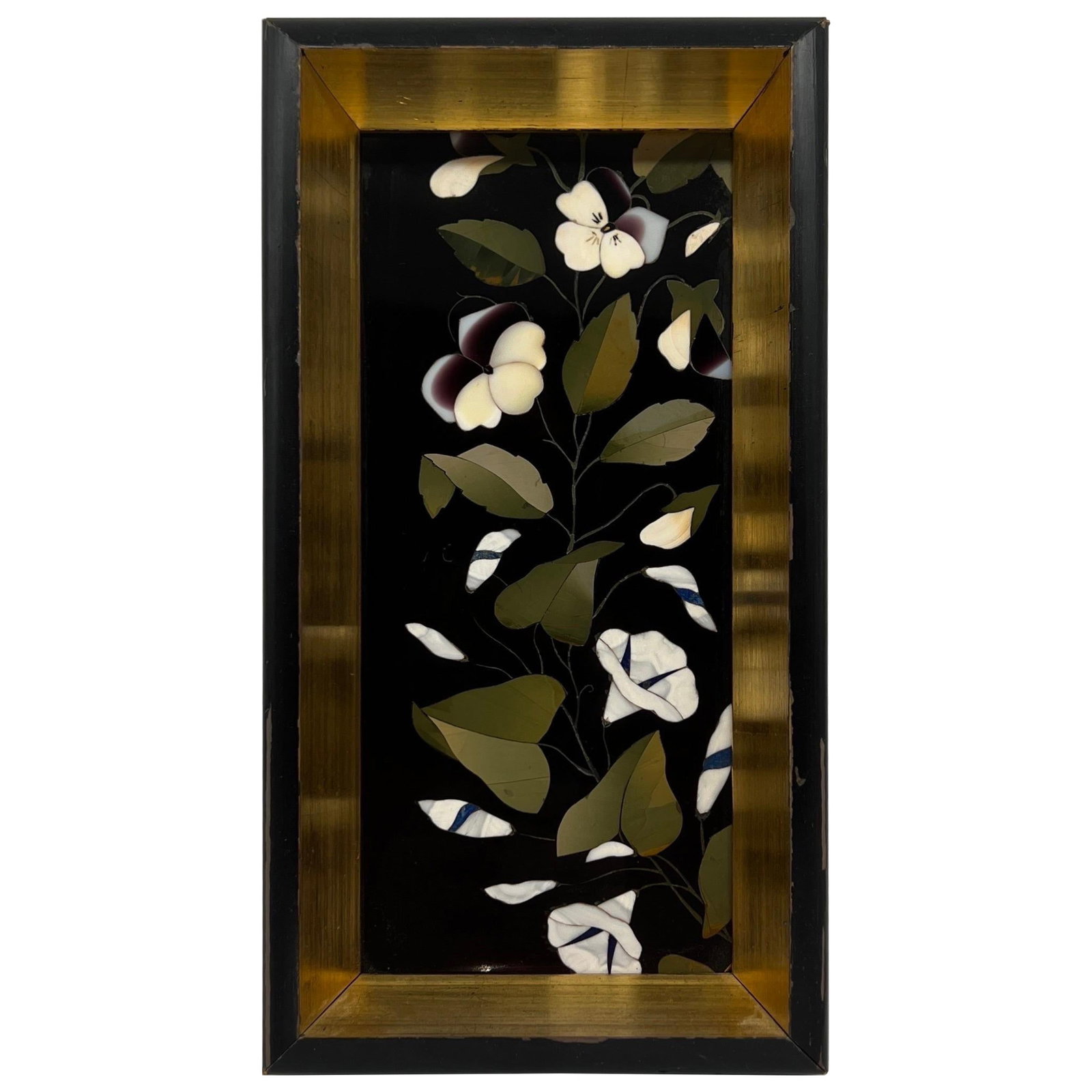 Italian Pietra Dura Plaque with Floral Motif in Giltwood Frame 19th Century: Italian Pietra Dura Plaque with Floral Motif in Giltwood Frame 19th Century This 19th-century Italian Pietra Dura panel features expertly inlaid marble with a floral motif, showcasing elegant white ca