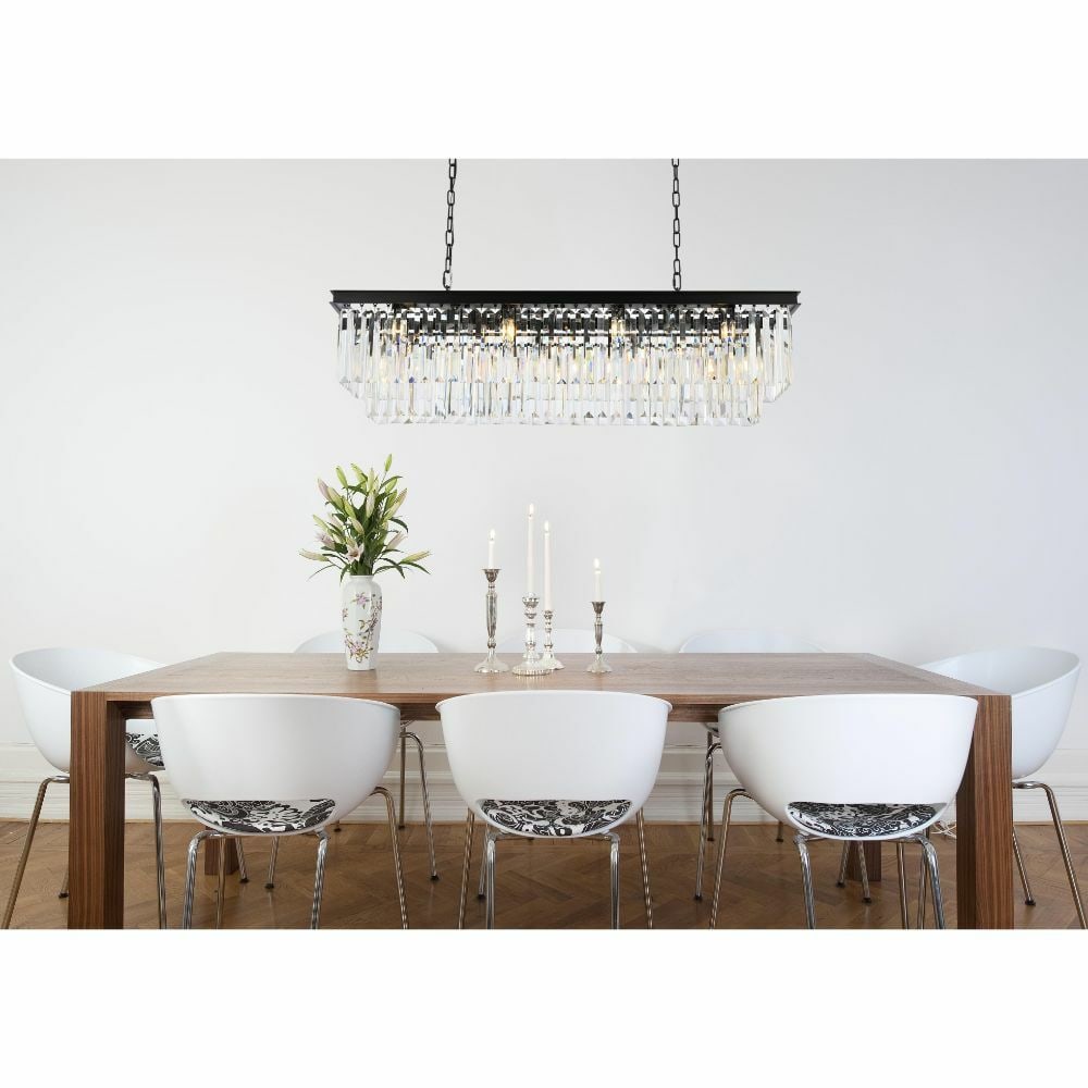 Sydney 12 Light Crystal Chandelier Matte Black 50 in: Sydney 12 Light Crystal Chandelier Matte Black 50 in Modern crystal chandelier with a matte black finish and 12 lights. It features clear royal cut crystals, a hardwired power source, wall switch cont