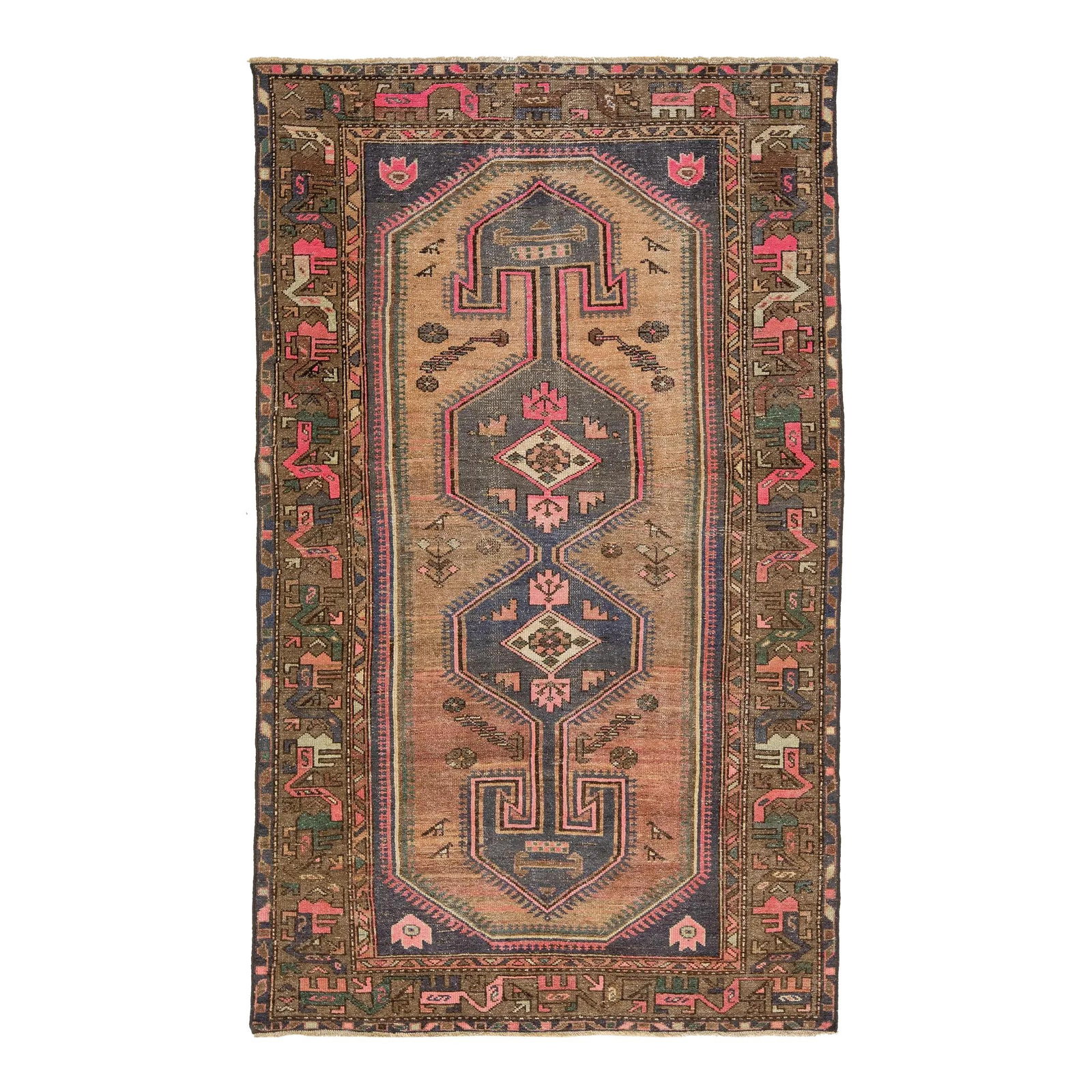 Vintage Handmade Wool Rug Geometric Design Brown Pink 4'2" x 7': Vintage Handmade Wool Rug Geometric Design Brown Pink 4'2" x 7' Enhance your living space with this Vintage Handmade Scatter Wool Rug, featuring a beautiful rich brown background complemented by delic