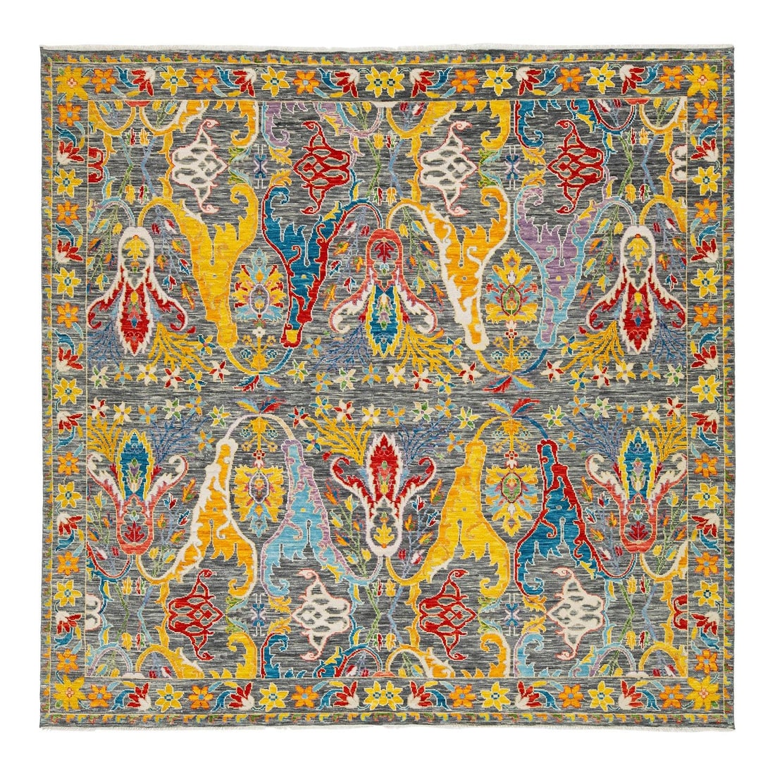 Handmade Oushak Style Wool Rug 11'9 x 12'1 Multicolored Floral Design: Handmade Oushak Style Wool Rug 11'9 x 12'1 Multicolored Floral Design This exquisite handcrafted Oushak-style wool rug showcases a perfect blend of contemporary design and traditional charm. Featuring