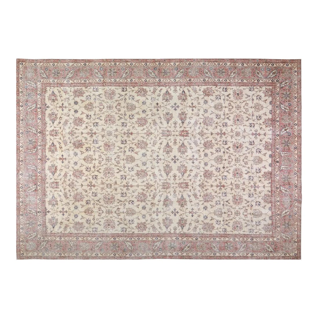 Ivory Wool Hand Knotted Rug 8'4" x 12'2" Vintage 1960s: Ivory Wool Hand Knotted Rug 8'4" x 12'2" Vintage 1960s This vintage hand-knotted rug from the 1960s features organic wool construction and a distressed texture. The rug has been organically neutralize