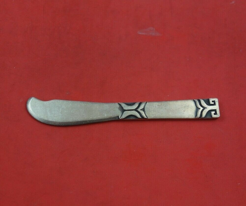 Pedro Castillo Aztec Sterling Silver Butter Spreader 5 Inch Flat Handle: Pedro Castillo Aztec Sterling Silver Butter Spreader 5 Inch Flat Handle This exquisite butter spreader features a flat handle, crafted from sterling silver in the stunning Aztec pattern by renowned ma