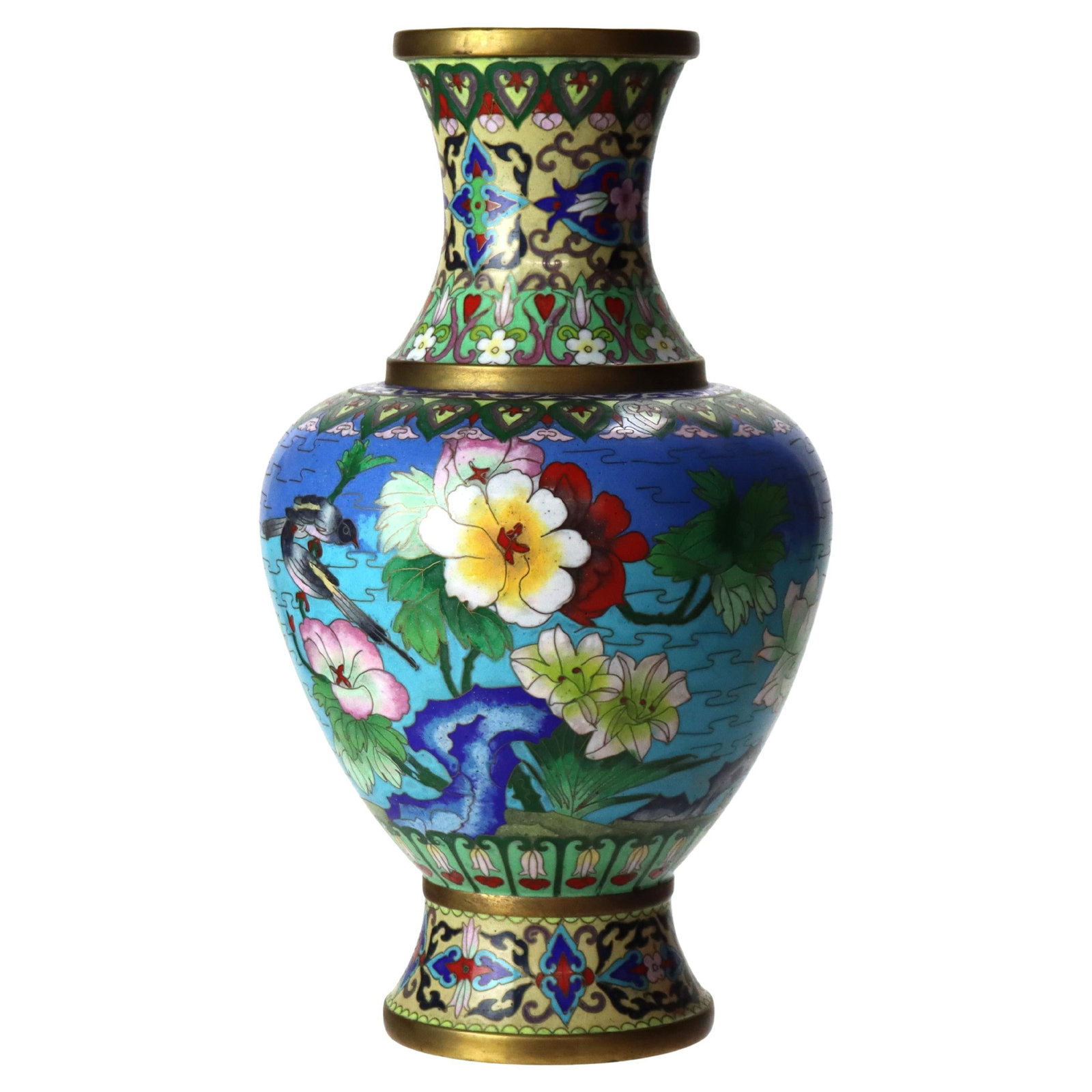 Early 20th Century Chinese Cloisonne Vase with Bird and Peony Motif: Early 20th Century Chinese Cloisonne Vase with Bird and Peony Motif This antique Chinese cloisonne enameled vase, crafted circa 1920, showcases two birds perched among peonies and other blossoms on a 