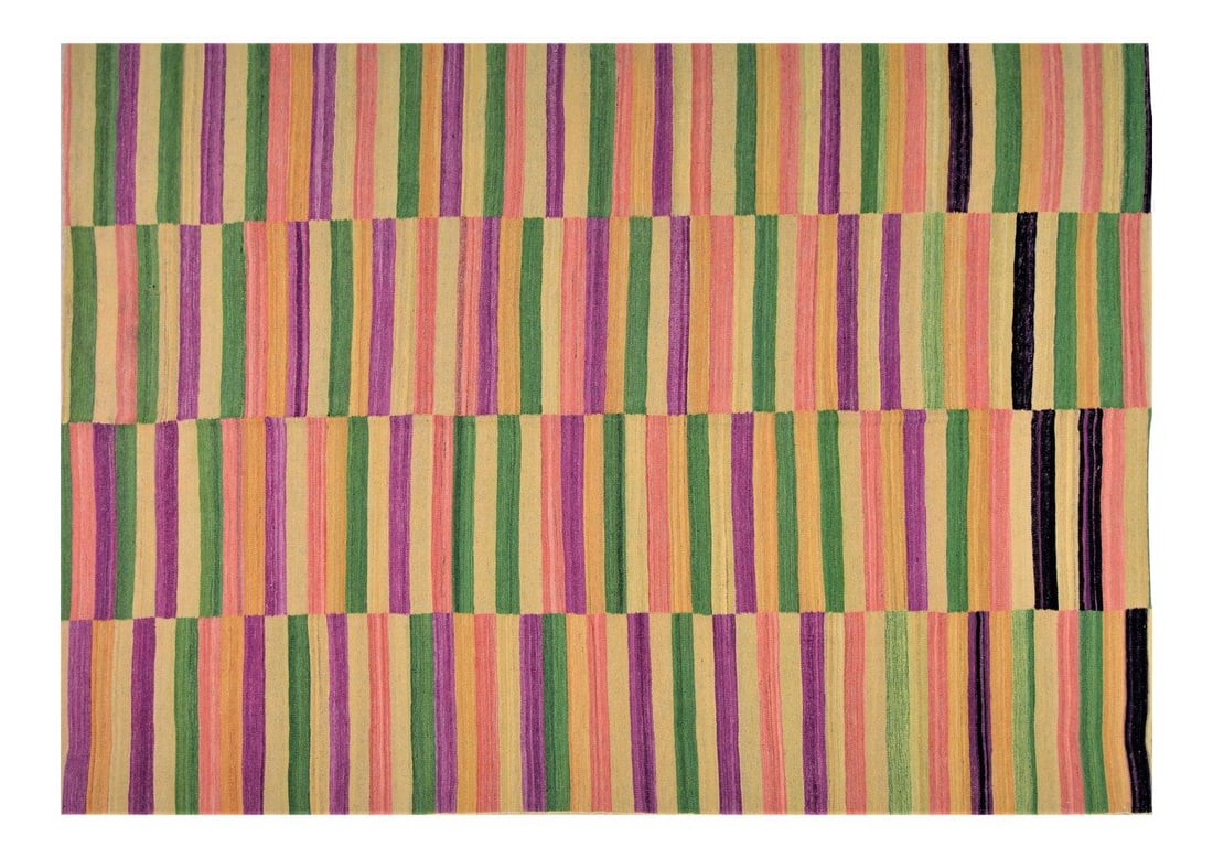 Handwoven Maimana Wool Kilim Rug With Geometric Motif 6'8" x 9'1": Handwoven Maimana Wool Kilim Rug With Geometric Motif 6'8" x 9'1" This vintage Afghan Maimana kilim is hand woven from wool and features a geometric pattern in natural colors. It showcases traditional