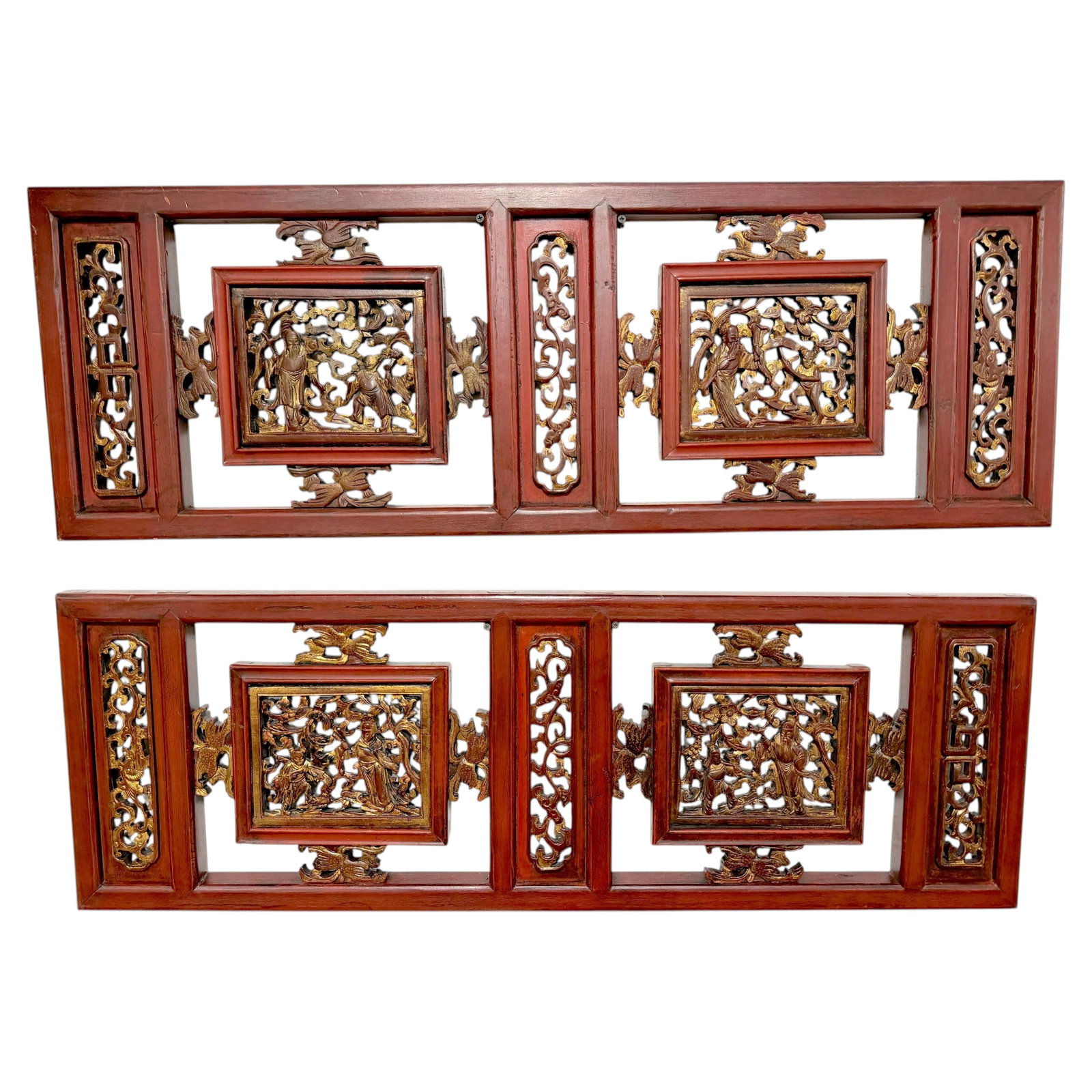 Set of 2 Chinese hardwood gilt lacquer openwork architectural panels (1 of 12)