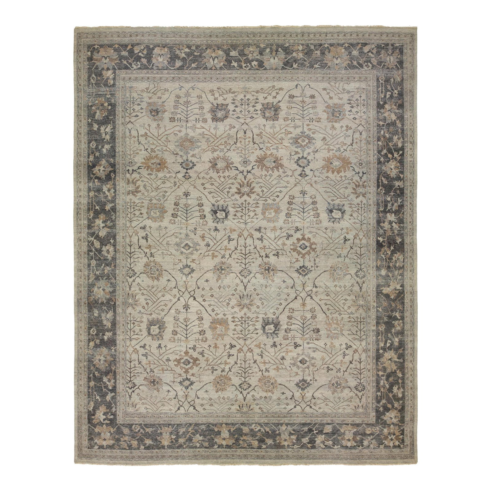 Handmade Oversized Mahal Style Wool Rug Beige 14'11 x 18'11: Handmade Oversized Mahal Style Wool Rug Beige 14'11 x 18'11 Experience the elegance of this oversized Mahal-style Indian wool rug, meticulously handwoven to reflect the beauty of traditional antique r