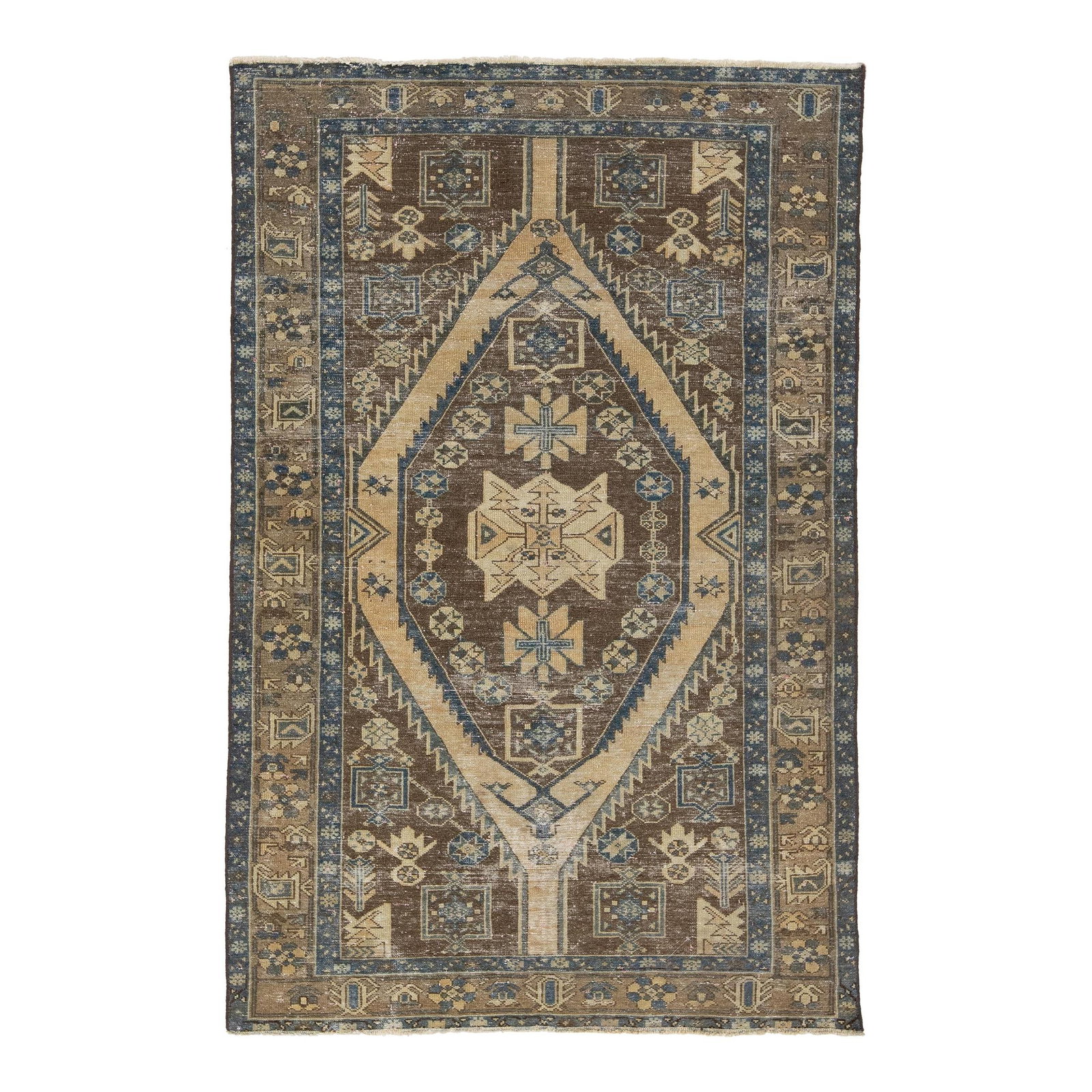 Vintage Persian Brown Wool Rug with Beige and Blue Accents 4'3 x 6'7: Vintage Persian Brown Wool Rug with Beige and Blue Accents 4'3 x 6'7 Enhance your space with this captivating vintage Persian wool rug, featuring a rich brown base adorned with stunning beige and blue