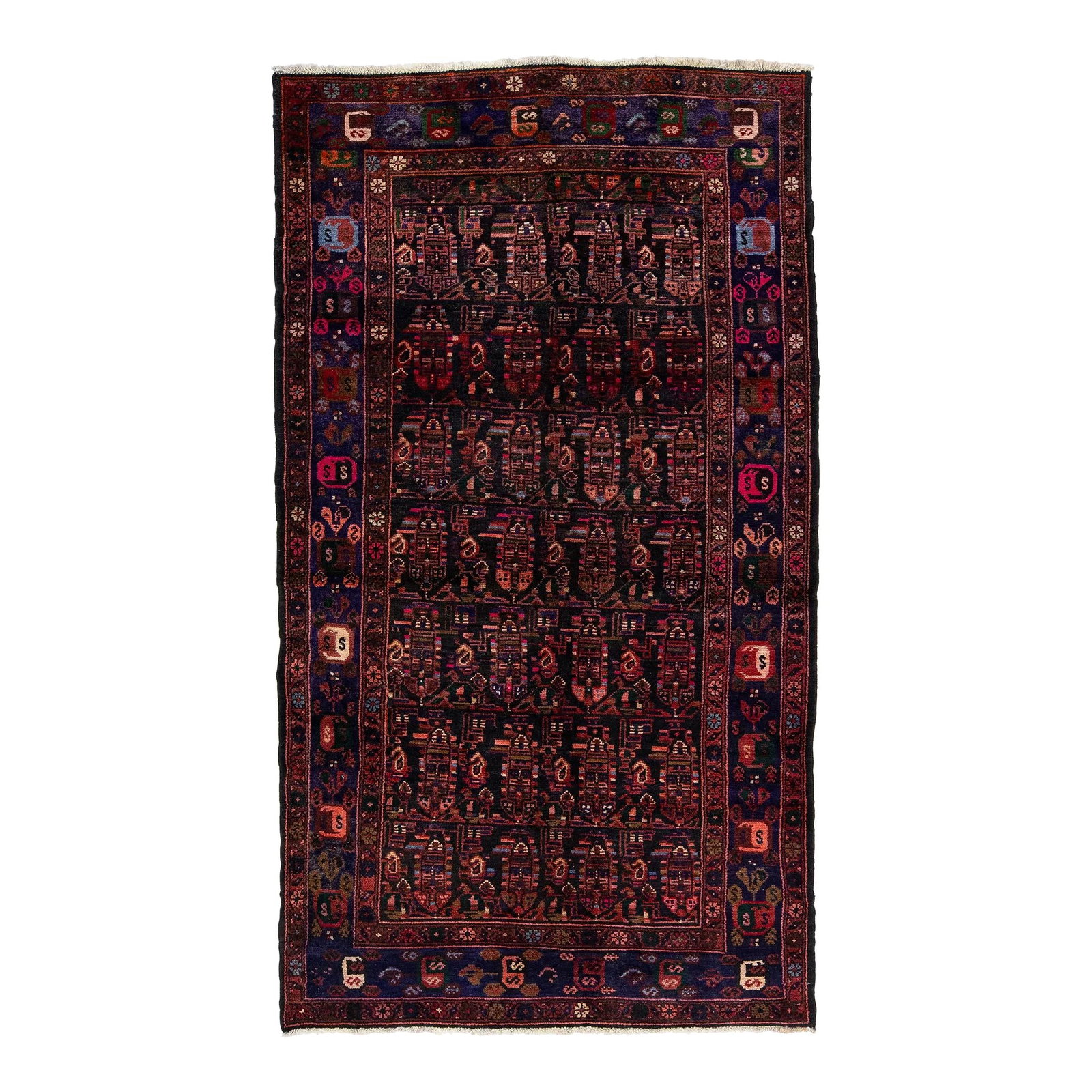Vintage 1950s Hamadan Hand-Knotted Wool Rug 4'5 x 7'10 Allover Geometric Pattern: Vintage 1950s Hamadan Hand-Knotted Wool Rug 4'5 x 7'10 Allover Geometric Pattern Elevate your space with this exquisite 1950s Hamadan hand-knotted wool rug, showcasing a rich dark-brown field adorned 