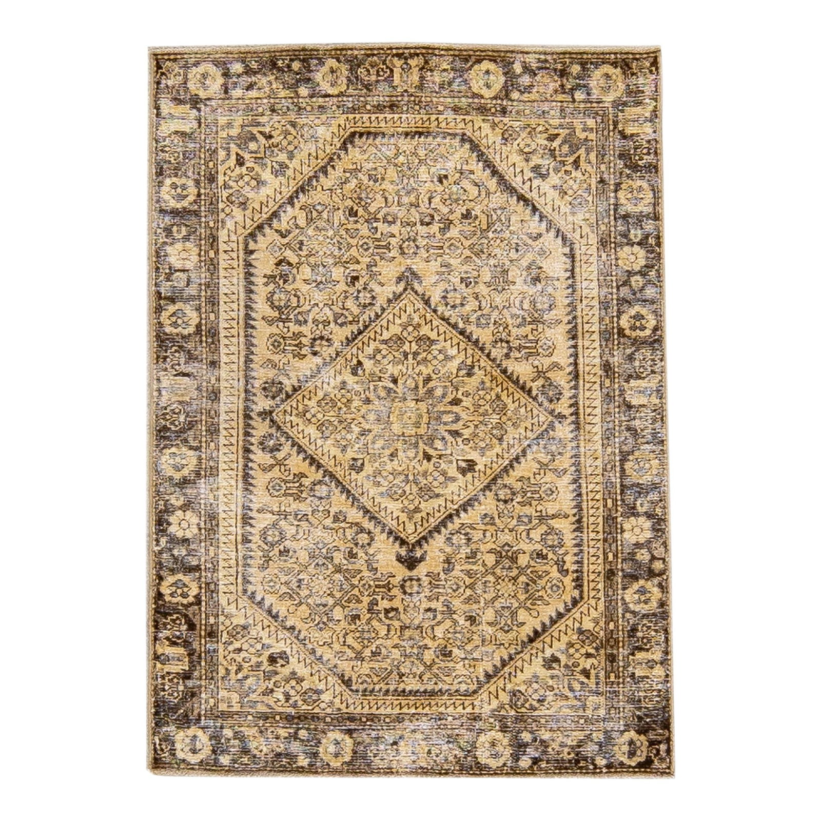 Vintage Persian Handmade Wool Rug 3'5 x 4'10 Beige Geometric: Vintage Persian Handmade Wool Rug 3'5 x 4'10 Beige Geometric Discover the charm of this 1960s vintage Persian distressed hand-knotted wool rug, featuring a warm beige color field complemented by rich 