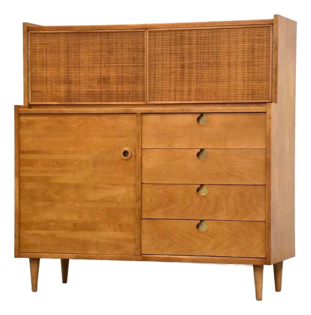 1960s Edmond Spence Maple Cane Tall Dresser Mid Century Modern: 1960s Edmond Spence Maple Cane Tall Dresser Mid Century Modern This exquisite mid-century modern tall dresser, designed by Edmond Spence, showcases a stunning maple construction complemented by elegan