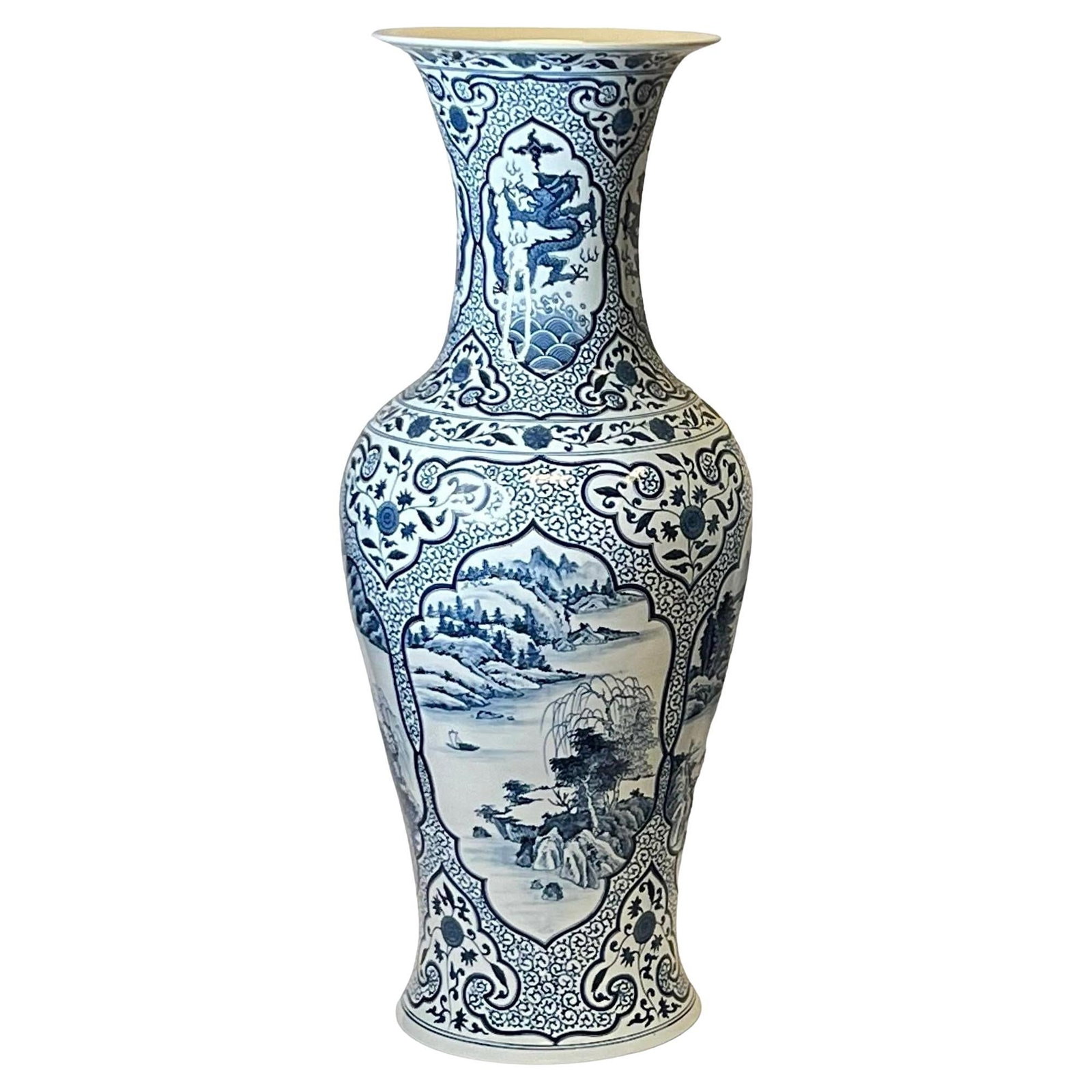 Large Qing Style Blue and White Porcelain Vase 41 Inch Chinese: Large Qing Style Blue and White Porcelain Vase 41 Inch Chinese This large Chinese blue and white porcelain floor vase is crafted in the style of the 18th Century Qianlong period. Featuring an impressi