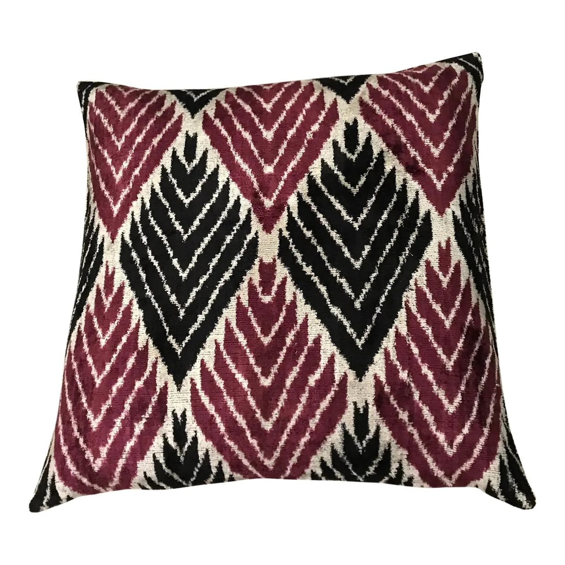 Burgundy Ikat Velvet Silk Square Accent Pillow with Linen Back 22x22: Burgundy Ikat Velvet Silk Square Accent Pillow with Linen Back 22x22 This hand made square pillow cushion features a Silk Uzbek Ikat velvet front with a natural linen backing and a hidden zipper. It c