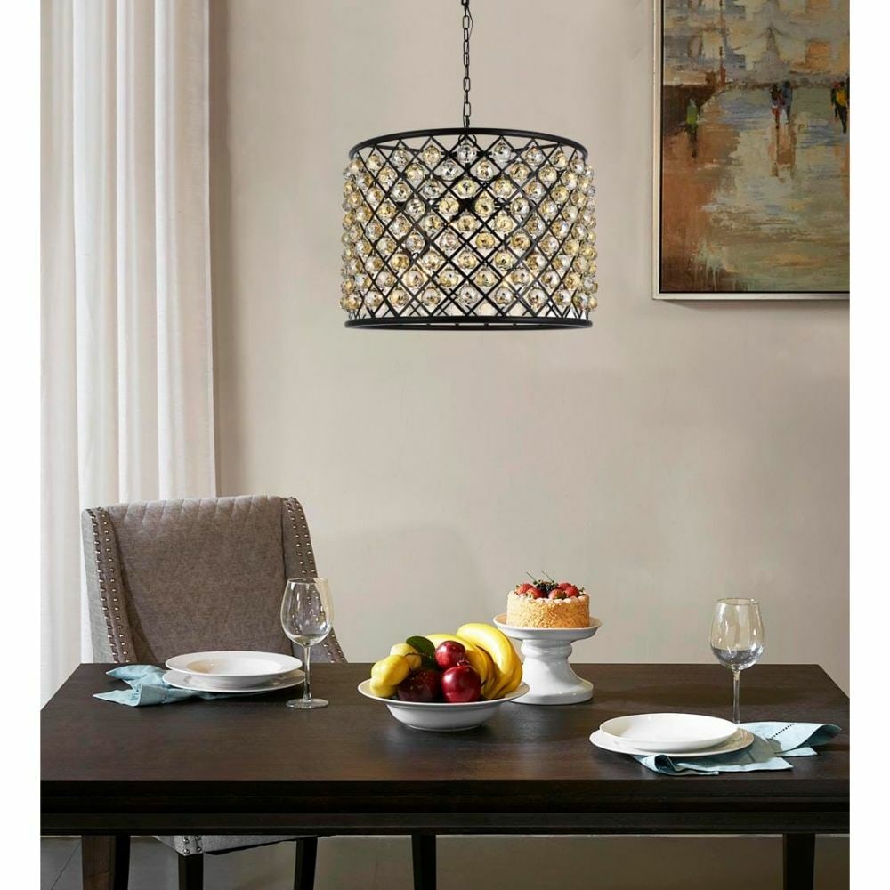 Madison Modern Black Chandelier with Golden Teak Crystal Balls 27.5 Inch: Madison Modern Black Chandelier with Golden Teak Crystal Balls 27.5 Inch This modern chandelier features a matte black iron frame adorned with royal cut golden teak (smoky) crystal balls, creating an 