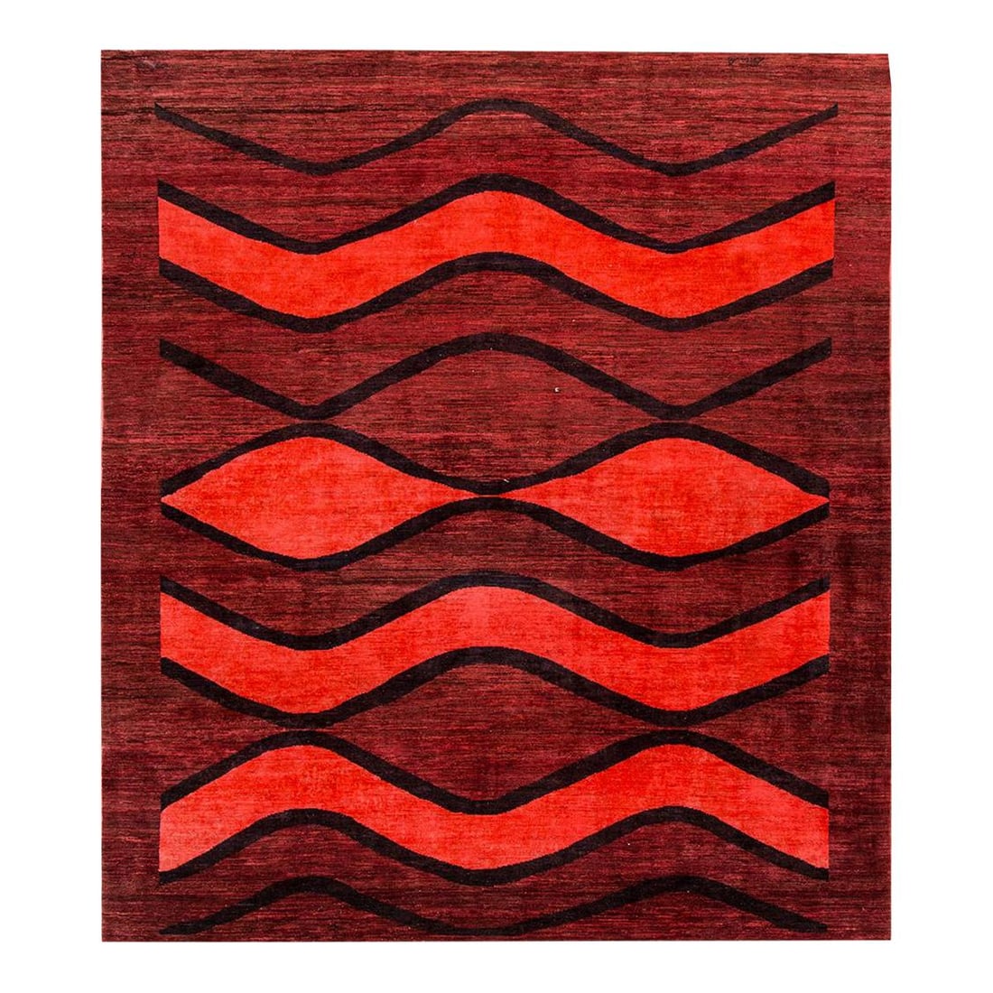 Contemporary Indian Handmade Ruby Red Wool Rug 8'4" x 9'6": Contemporary Indian Handmade Ruby Red Wool Rug 8'4" x 9'6" Enhance your space with this stunning Contemporary Indian Overdyed Handmade Ruby Red Geometric Wool Rug, featuring a captivating allover desi