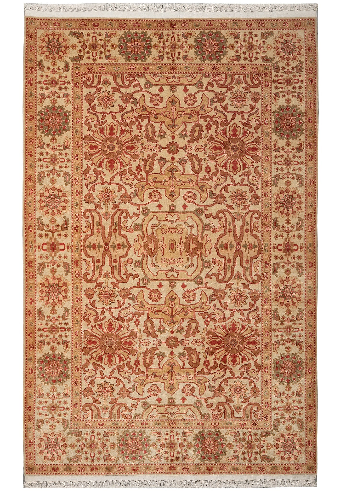 6 x 9 Hand-Knotted Pakistani Wool Area Rug Beige Gold Rust: 6 x 9 Hand-Knotted Pakistani Wool Area Rug Beige Gold Rust Free continental US Shipping Hand-knotted Pakistani area rug in an antique style, made of wool and presented in beige, gold, and rust tones. 