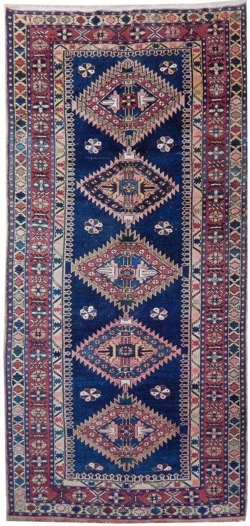 4.5 x 8.8 Royal Blue Antique Kazak Runner Handmade Wool Rug: 4.5 x 8.8 Royal Blue Antique Kazak Runner Handmade Wool Rug Free continental US Shipping Enhance your home decor with this luxurious 4.5 x 8.8 Royal Blue Antique Kazak Runner. Handwoven in the traditi