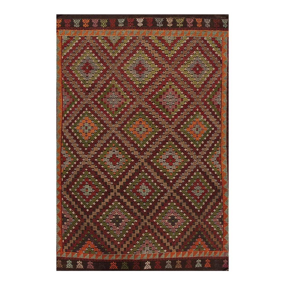 Vintage Turkish Soumak Wool Rug 7'1" x 10'10" Tribal Design: Vintage Turkish Soumak Wool Rug 7'1" x 10'10" Tribal Design This Vintage Turkish Soumak rug showcases a beautifully hand-knotted design crafted from high-quality wool. Featuring a rich brown field, it