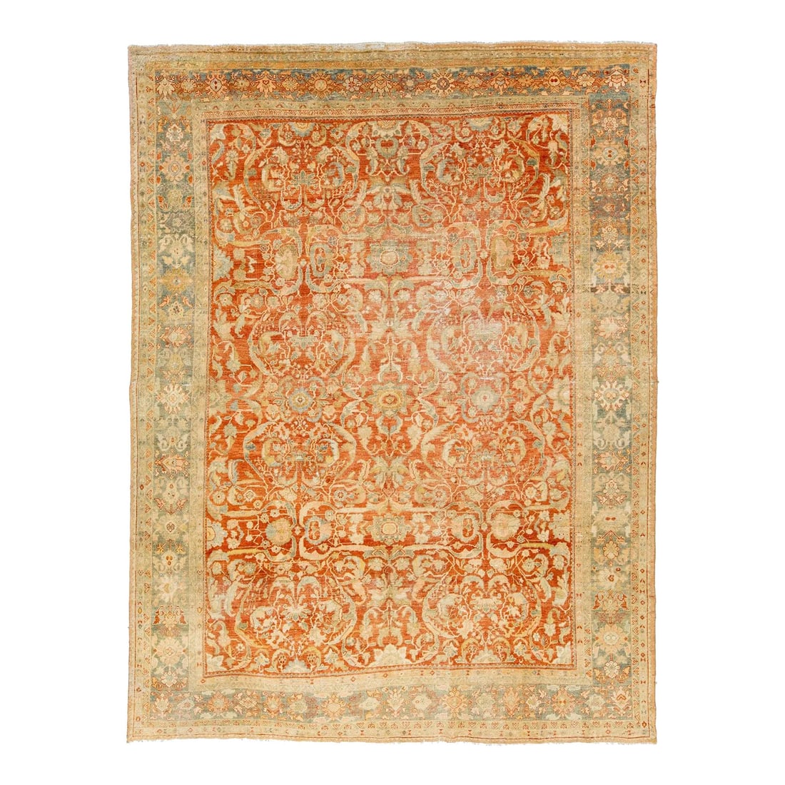 1920s Persian Heriz Handcrafted Wool Rug Rust Floral 8'10 x 11'8: 1920s Persian Heriz Handcrafted Wool Rug Rust Floral 8'10 x 11'8 This exquisite 1920s Antique Persian Heriz rug features a stunning allover floral design, meticulously handcrafted from high-quality wo