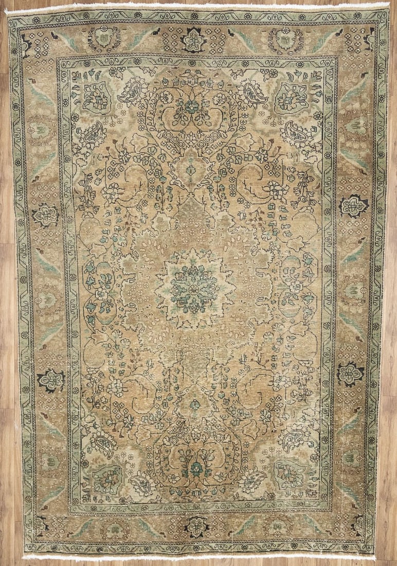 Hand Knotted Wool Floral Area Rug 6'6 x 9'11 Vintage Muted Colors: Hand Knotted Wool Floral Area Rug 6'6 x 9'11 Vintage Muted Colors This semi-antique hand-knotted Oriental rug features a muted floral design in beige, cream, brown, green, and other subtle tones. Craf