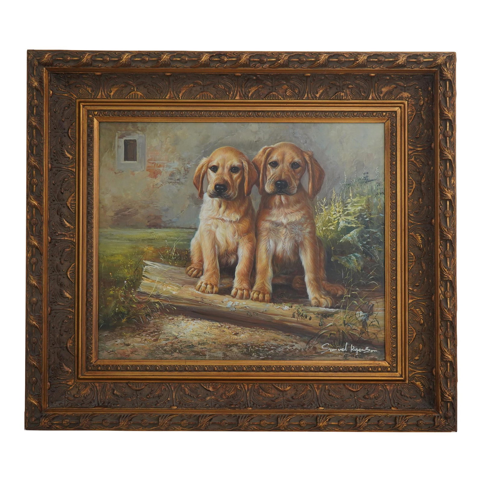 Framed Oil Painting of Labrador Retrievers Signed with Gold Wood Frame: Framed Oil Painting of Labrador Retrievers Signed with Gold Wood Frame This exquisite framed oil painting features a captivating depiction of Labrador Retrievers, showcasing vibrant colors and outstan