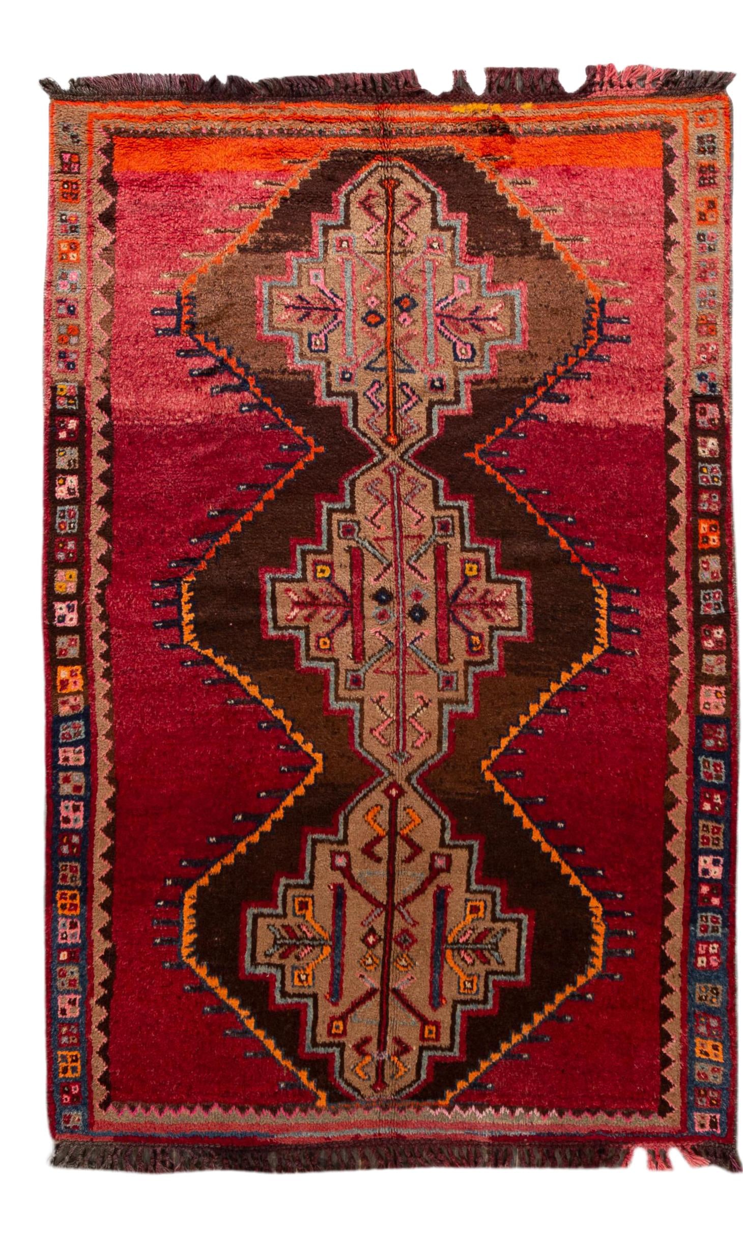 Vintage Turkish Handmade Red Tribal Wool Rug 6' x 9'3: Vintage Turkish Handmade Red Tribal Wool Rug 6' x 9'3 This exquisite vintage Turkish hand-knotted wool rug features a striking red and orange field complemented by a brown frame. The rug showcases a s