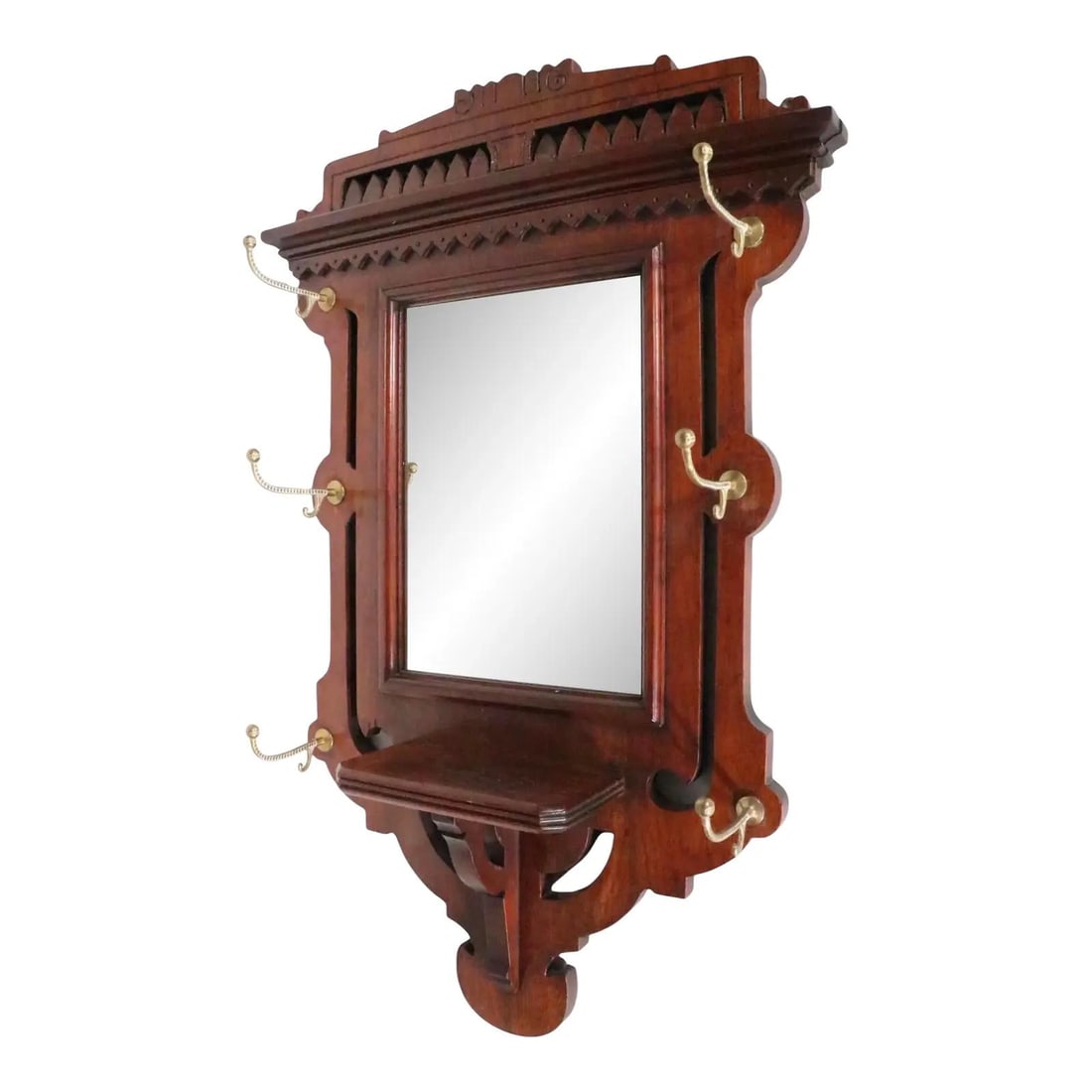 1880s Eastlake walnut wall mirror with brass hat and coat hooks (1 of 10)