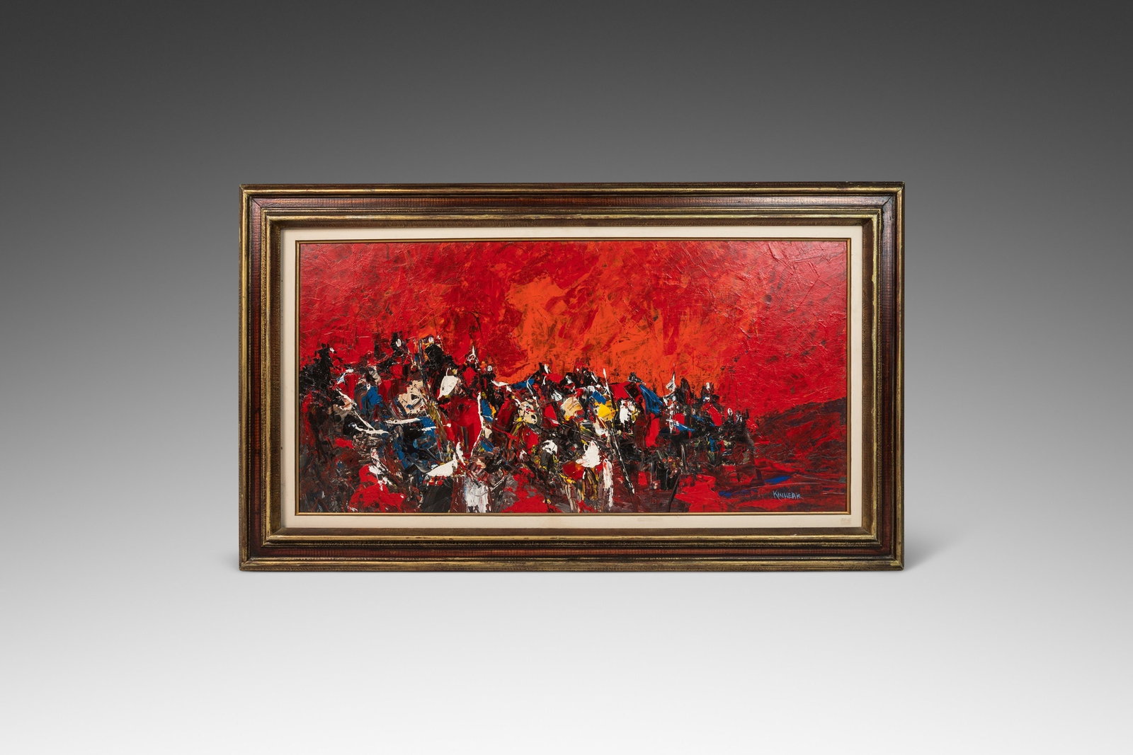 Signed John Kinnear Abstract Expressionist Oil Painting Tales from Ispahan 1970s: Signed John Kinnear Abstract Expressionist Oil Painting Tales from Ispahan 1970s This signed oil painting by renowned Canadian artist John H. Kinnear, titled "Tales from Ispahan," showcases a dramatic