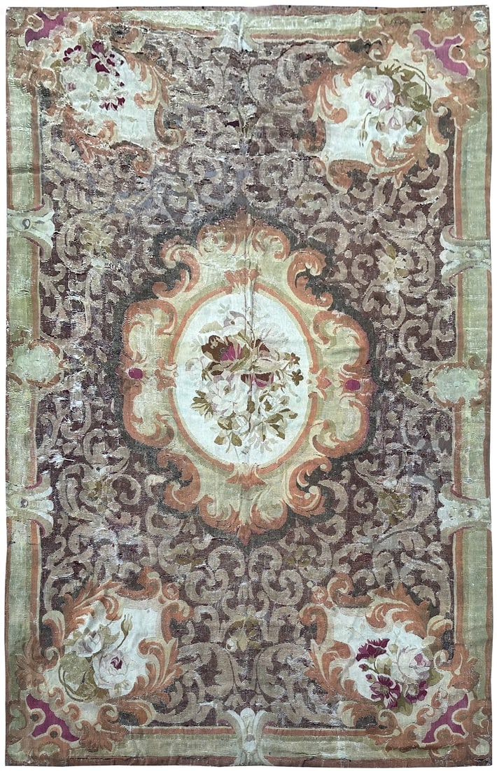 Circa 1830 French Aubusson Empire Wool Tapestry 5 x 9: Circa 1830 French Aubusson Empire Wool Tapestry 5 x 9 An antique French Aubusson Empire tapestry from circa 1830, featuring a floral medallion design with elaborate floral scrollwork borders. It is ha