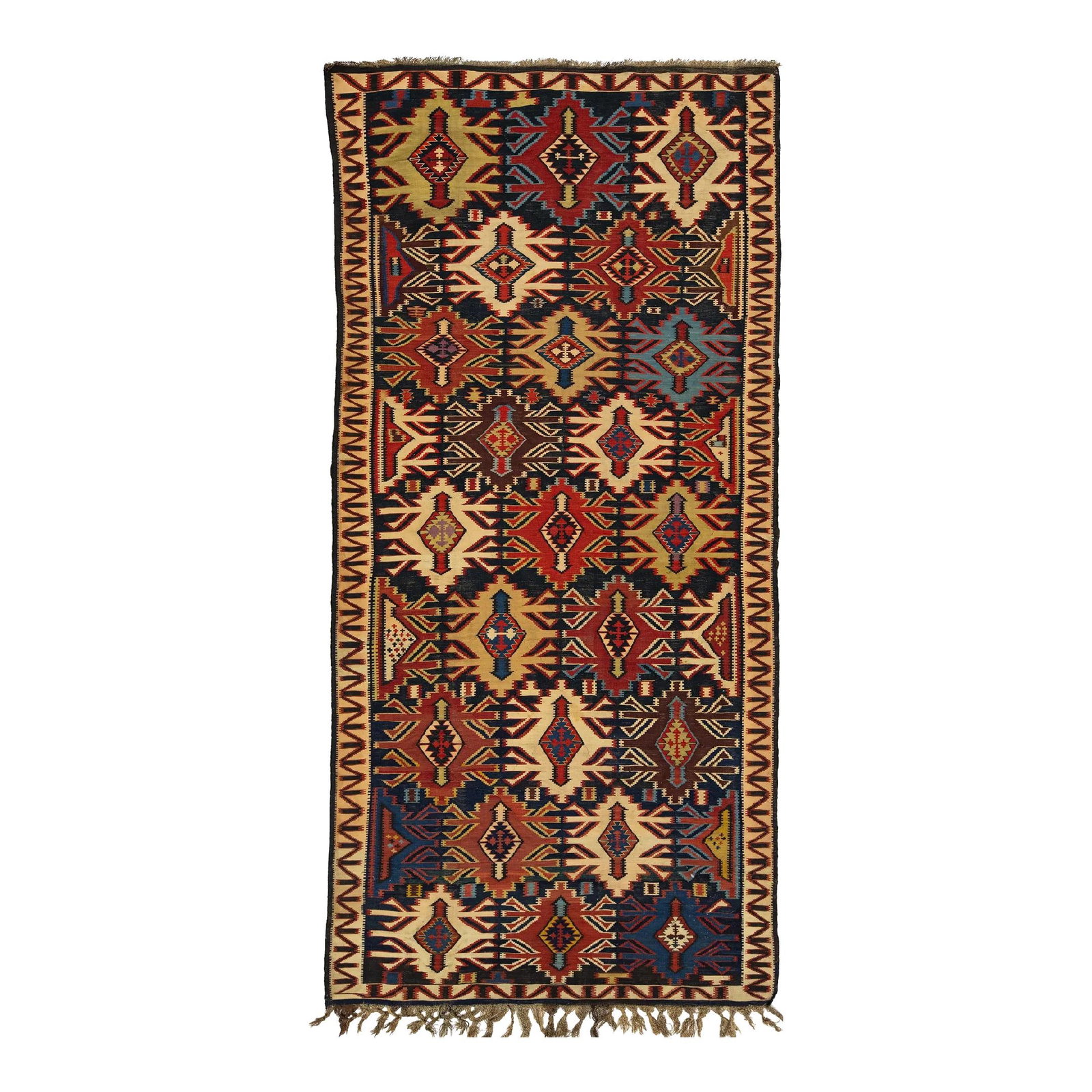 Vintage Turkish Kilim Wool Rug Blue Geometric Design 5' x 10'5: Vintage Turkish Kilim Wool Rug Blue Geometric Design 5' x 10'5 This stunning vintage Turkish kilim rug showcases a vibrant geometric design against a rich navy blue background. Hand-knotted from high-
