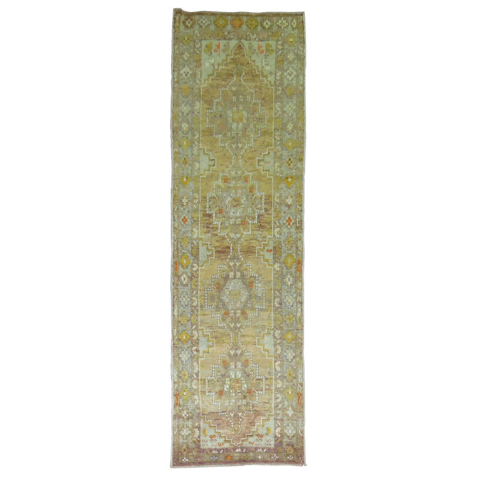 Oushak Turkish Wool Hand-Knotted Runner 31 x 97: Oushak Turkish Wool Hand-Knotted Runner 31 x 97 This is a one-of-a-kind vintage Turkish Anatolian runner from the 1930s, crafted in the Oushak style. Hand-knotted from wool, it features a neutral pale