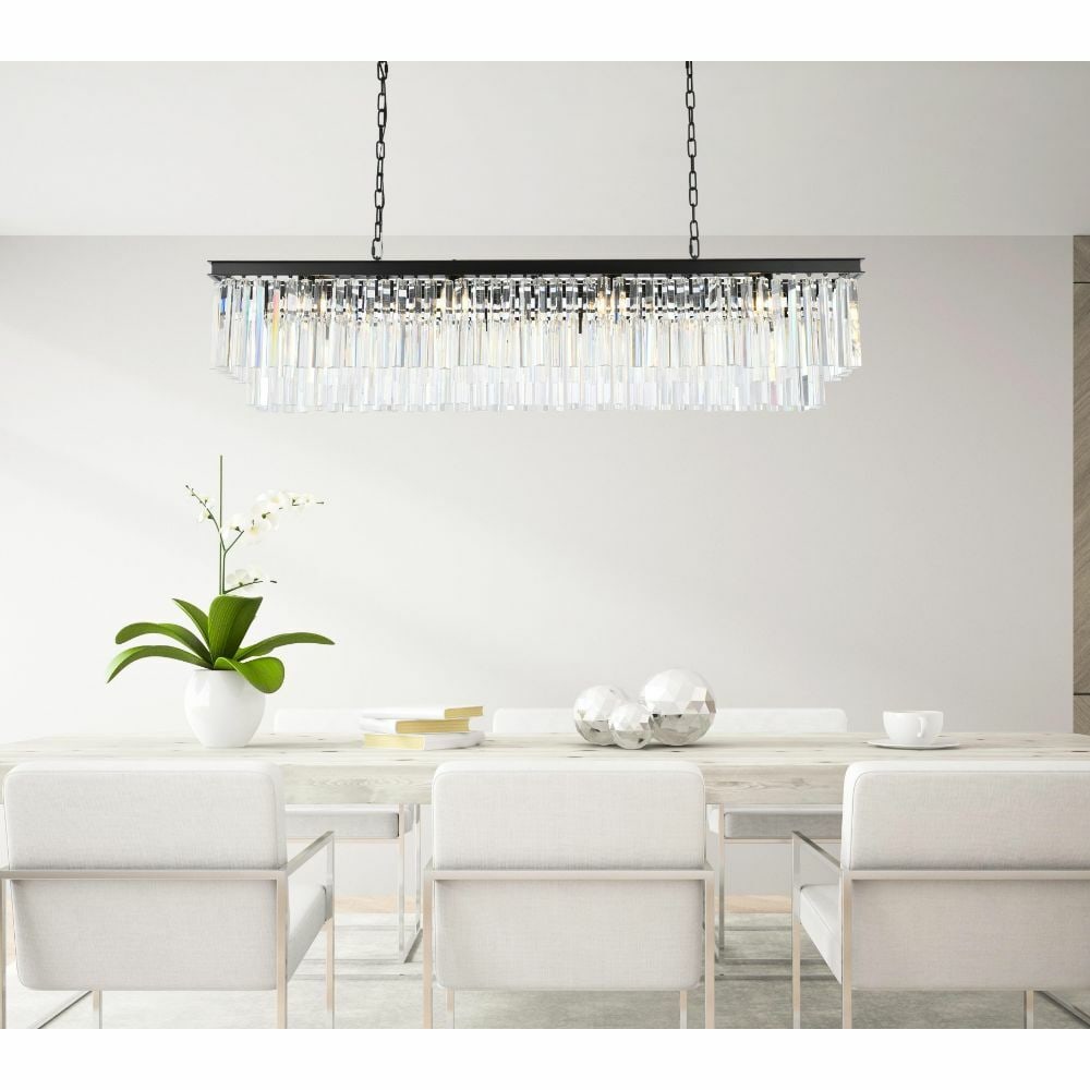 Sydney 60 in Crystal Island Chandelier Matte Black 12 Light: Sydney 60 in Crystal Island Chandelier Matte Black 12 Light Modern 12-light chandelier with a matte black finish and clear crystal details. It is hardwired, intended for indoor use, and designed for d