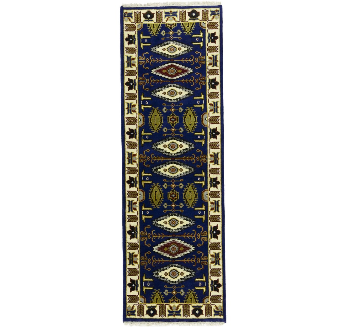 Wool Hand-Knotted Kazak Runner Rug 2'7 x 7'11 Tribal Geometric: Wool Hand-Knotted Kazak Runner Rug 2'7 x 7'11 Tribal Geometric Enhance your home with this exquisite Handmade Kazak Oriental Runner Rug, featuring a striking geometric tribal design. Crafted with care