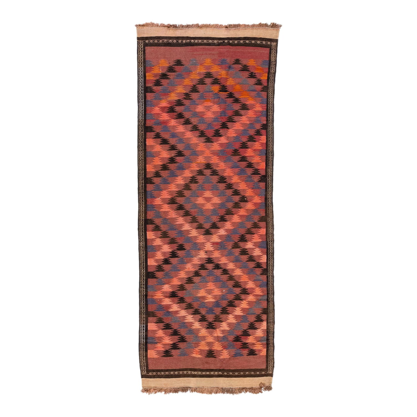 Vintage Turkish Kilim Peach Wool Rug 4'8 x 12'2 Tribal Design: Vintage Turkish Kilim Peach Wool Rug 4'8 x 12'2 Tribal Design Discover the charm of this beautiful vintage Turkish Kilim, expertly hand-knotted from high-quality wool. Featuring a stunning peach field