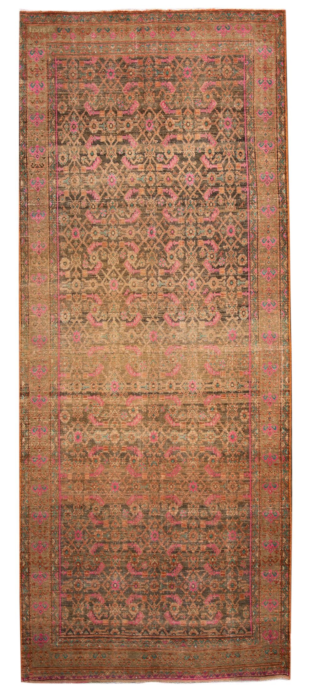 Mid-Century Vintage Persian Wool Runner Rug 5'4 x 13'3 Brown Pink Teal Accent: Mid-Century Vintage Persian Wool Runner Rug 5'4 x 13'3 Brown Pink Teal Accent Discover the charm of a mid-20th century vintage distressed Persian runner rug. This exquisite piece features a rich brown