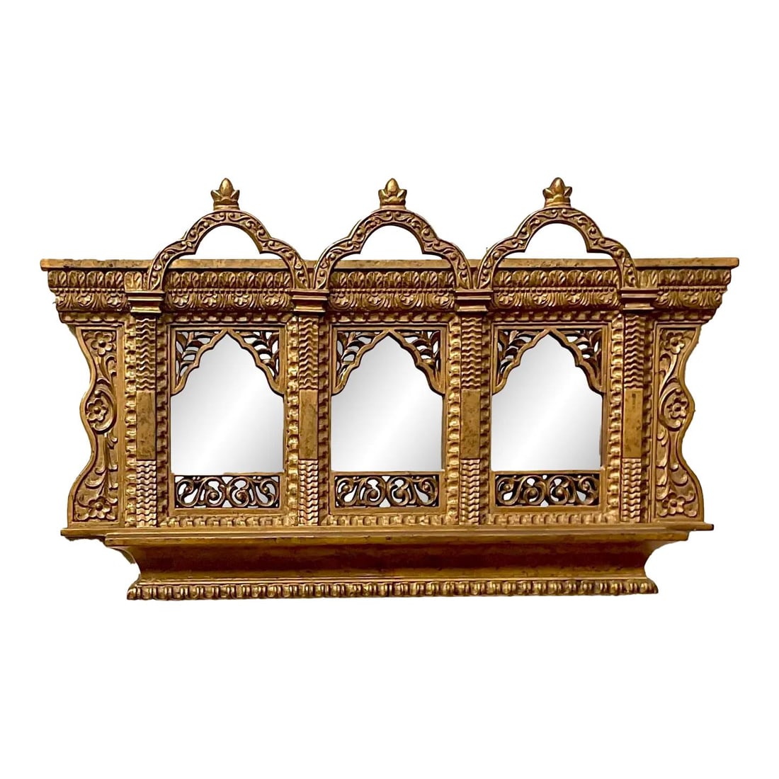 Vintage Boho Gold Gilt Temple Arch Wall Mirror 45 x 26.5: Vintage Boho Gold Gilt Temple Arch Wall Mirror 45 x 26.5 Enhance your space with this stunning vintage Boho wall mirror, featuring a chic temple arch design in a warm gilt finish. This exquisite piece