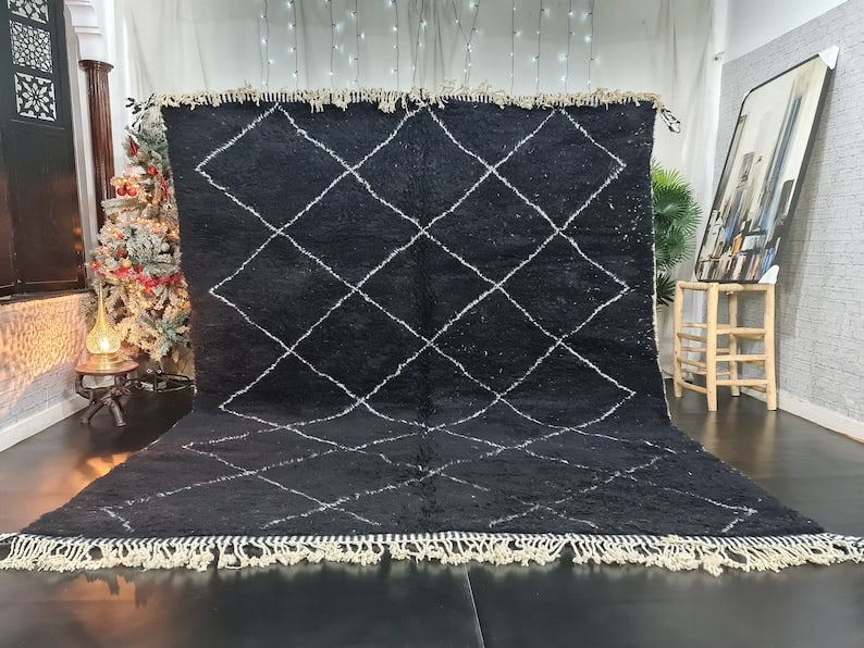 Authentic Handwoven Black Rug with White Geometric Pattern 9.84 x 6.56 Feet: Authentic Handwoven Black Rug with White Geometric Pattern 9.84 x 6.56 Feet Enhance your space with this authentic Soft Black Rug, featuring a striking white geometric pattern. Handwoven by skilled Be