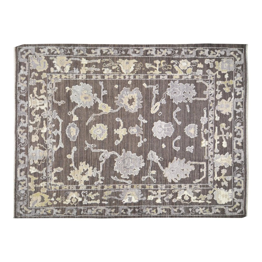 Auburn Wool Turkish Oushak Hand Knotted Area Rug 9' X 12'2": Auburn Wool Turkish Oushak Hand Knotted Area Rug 9' X 12'2" This 1990s Turkish Oushak rug features a hand-knotted construction with natural colors and a contemporary style. The rug is crafted from woo