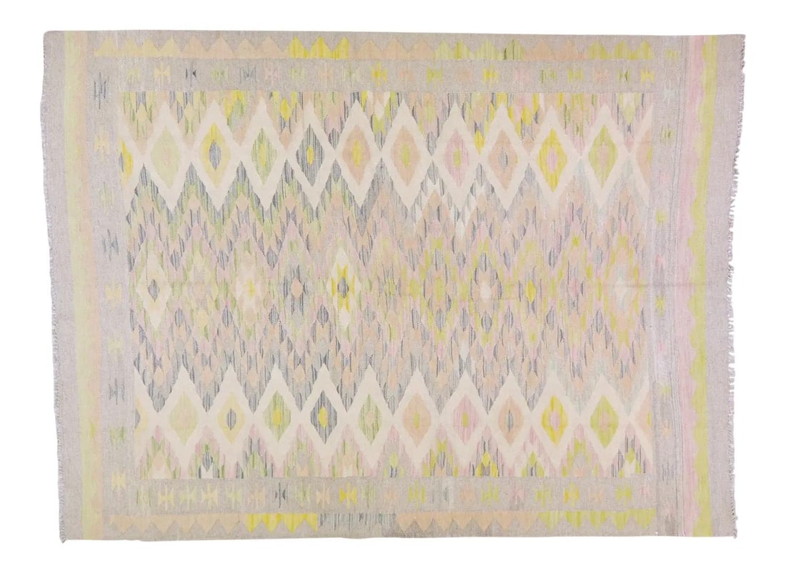 5'8" x 7'7" Maimana Tribal Kilim Rug Organic Afghan Wool Geometric Design: 5'8" x 7'7" Maimana Tribal Kilim Rug Organic Afghan Wool Geometric Design This vintage Afghan Maimana kilim features a hand-woven geometric pattern crafted from organic wool in natural colors. The rug