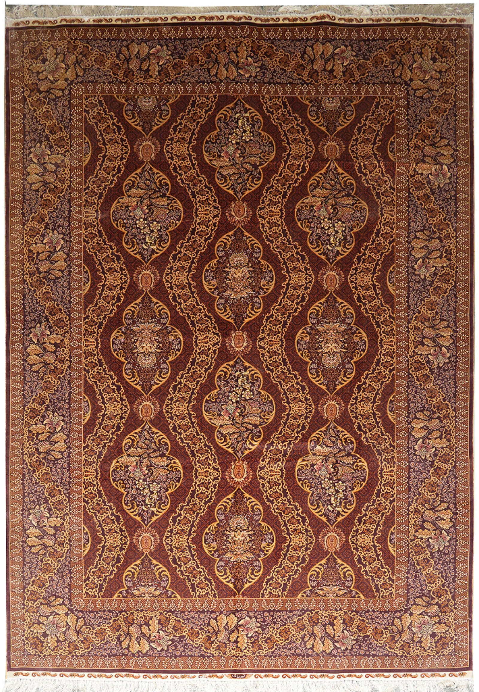 6 x 9 Hand Knotted Bamboo Silk Carpet Rust Gold: 6 x 9 Hand Knotted Bamboo Silk Carpet Rust Gold Free continental US Shipping This 6 x 9 hand-knotted carpet is crafted from bamboo silk and presented in rust and gold tones. It features a soft, low-pr