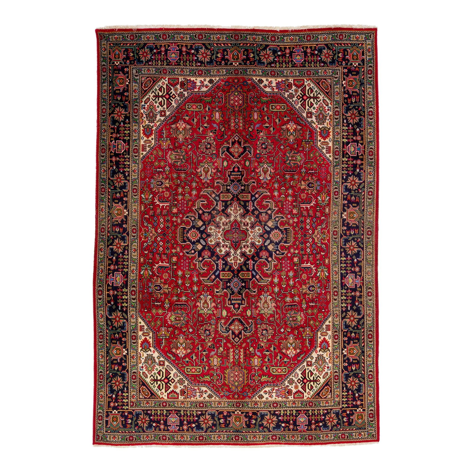 1960s Persian Tabriz Handmade Red Wool Rug 6'5 x 9'8 Medallion Design: 1960s Persian Tabriz Handmade Red Wool Rug 6'5 x 9'8 Medallion Design This exquisite vintage Persian Tabriz rug showcases a hand-knotted design in a vibrant red color field, beautifully complemented b