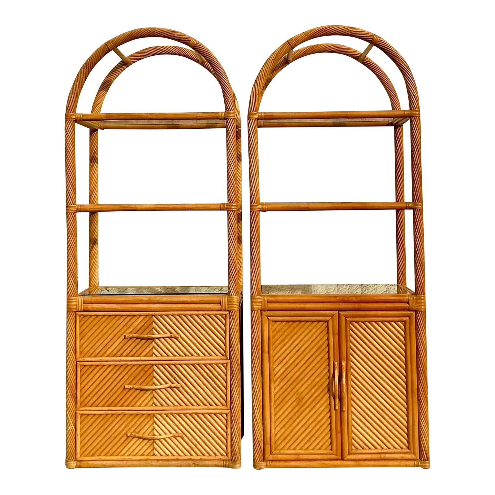 Coastal Vintage Rattan Arched Etagere Pair with Chevron Design: Coastal Vintage Rattan Arched Etagere Pair with Chevron Design Enhance your home with this stunning pair of vintage coastal chevron rattan arched etageres, designed to bring elegance and functional st
