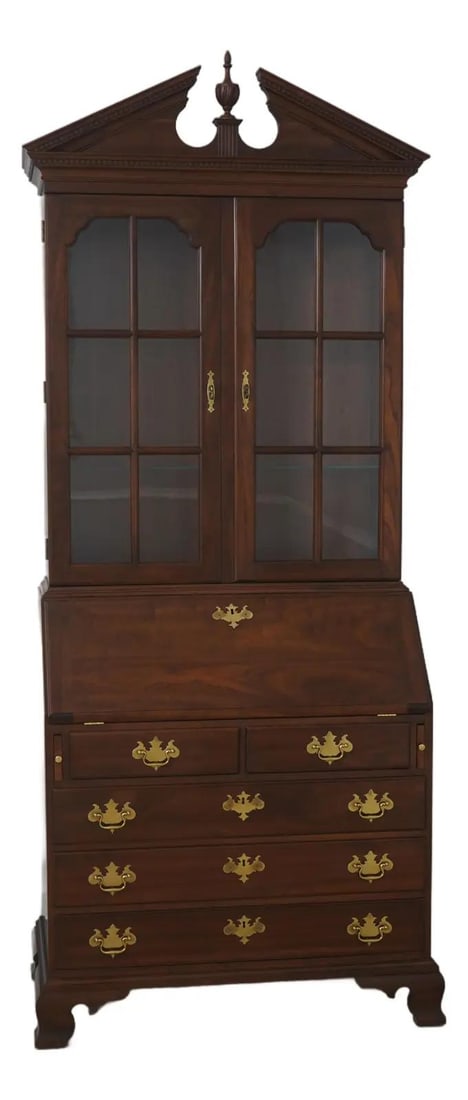 Stickley Cherry Secretary Desk Chippendale Style 2 Piece: Stickley Cherry Secretary Desk Chippendale Style 2 Piece This Stickley secretary desk features a classic Chippendale style crafted from cherry wood. It boasts fine carved details, a pediment top with 